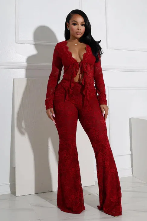 Sultry Lace Long-Sleeve Tie-Front Crop Top and Flared Pants Set
