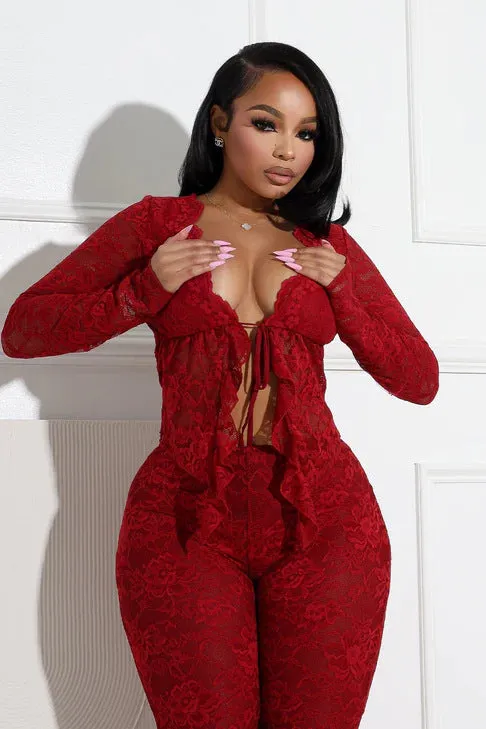Sultry Lace Long-Sleeve Tie-Front Crop Top and Flared Pants Set