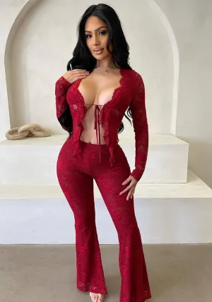 Sultry Lace Long-Sleeve Tie-Front Crop Top and Flared Pants Set