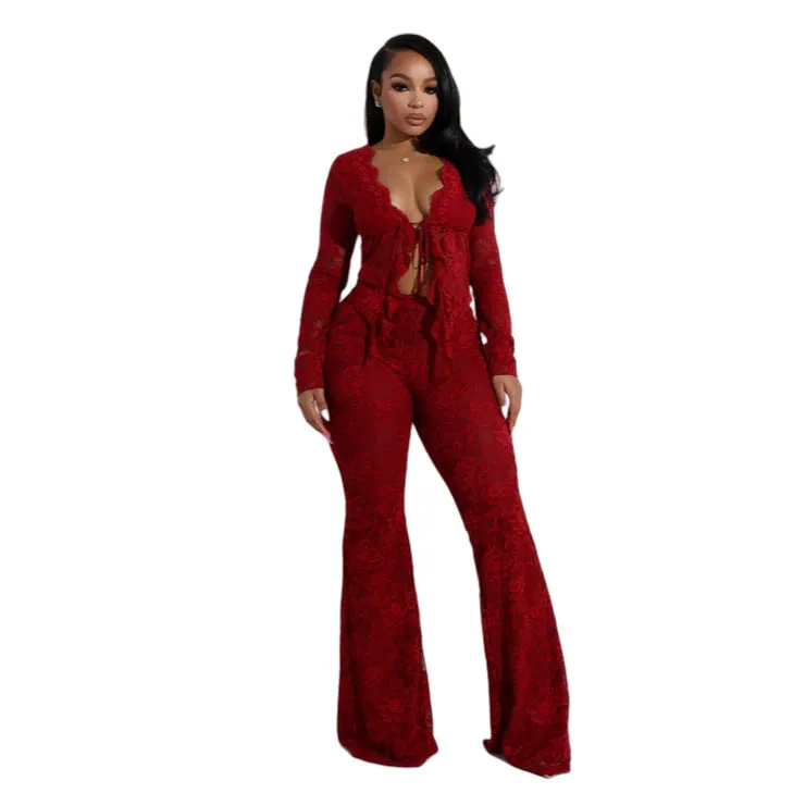 Sultry Lace Long-Sleeve Tie-Front Crop Top and Flared Pants Set