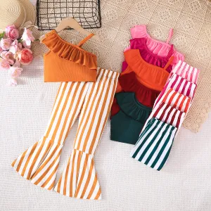 Summer solid color top suspender   striped horn pants fashionable and casual versatile one-piece generation