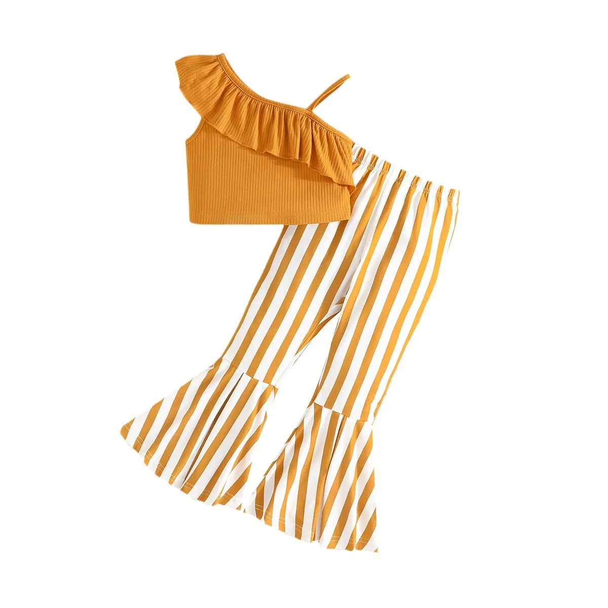 Summer solid color top suspender   striped horn pants fashionable and casual versatile one-piece generation