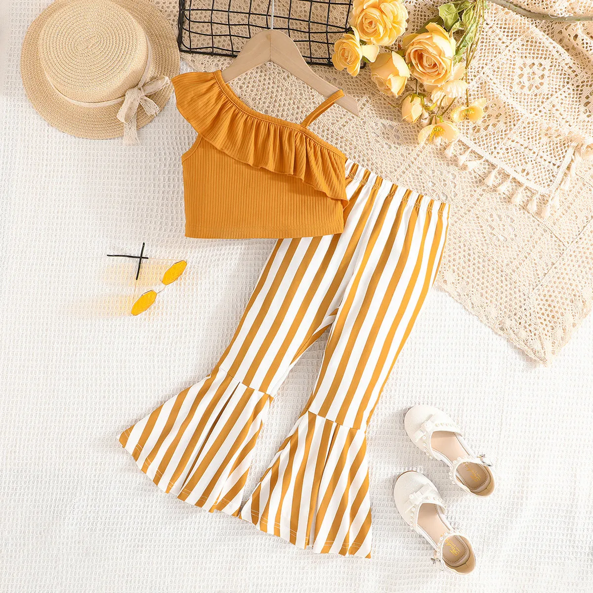Summer solid color top suspender   striped horn pants fashionable and casual versatile one-piece generation