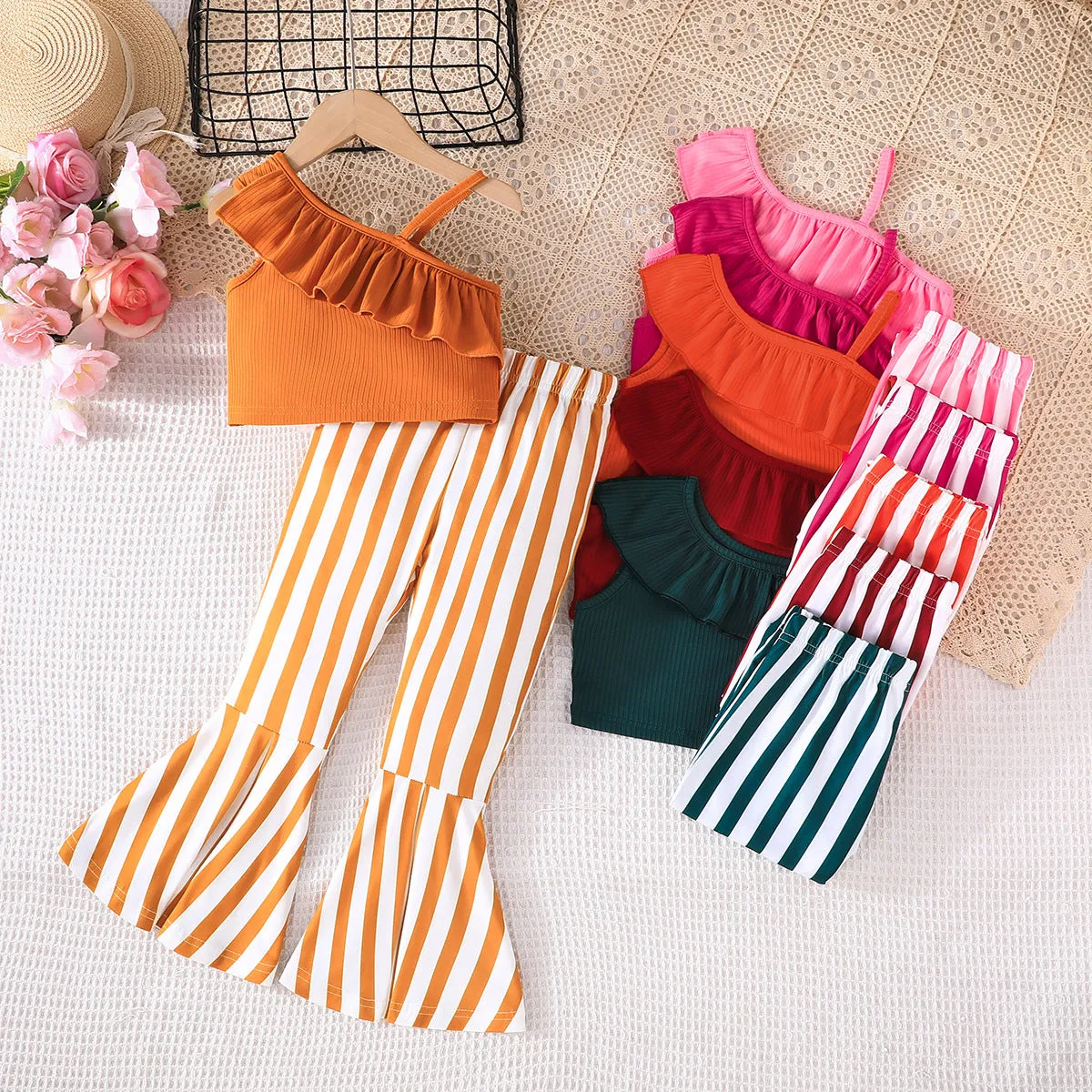 Summer solid color top suspender   striped horn pants fashionable and casual versatile one-piece generation