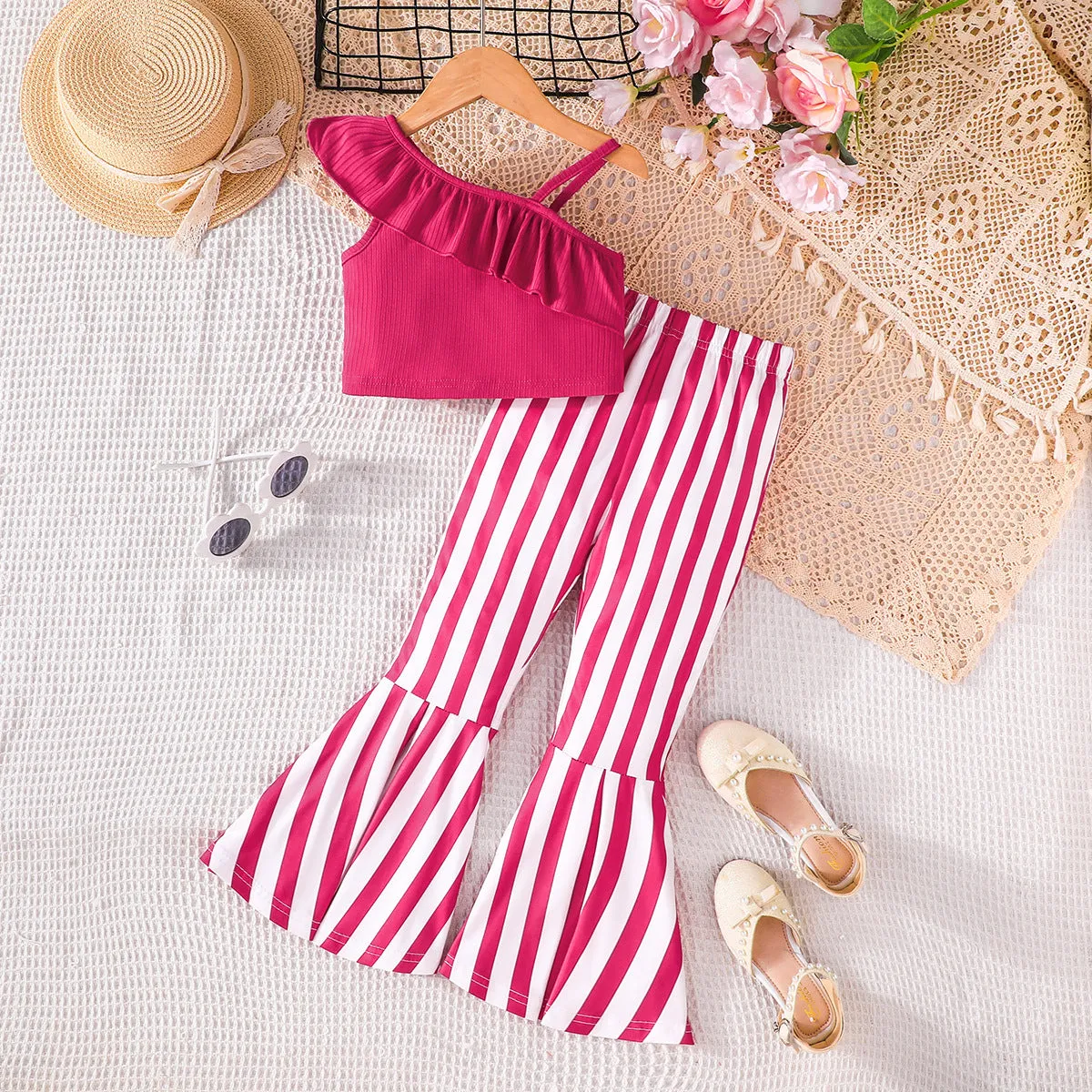 Summer solid color top suspender   striped horn pants fashionable and casual versatile one-piece generation