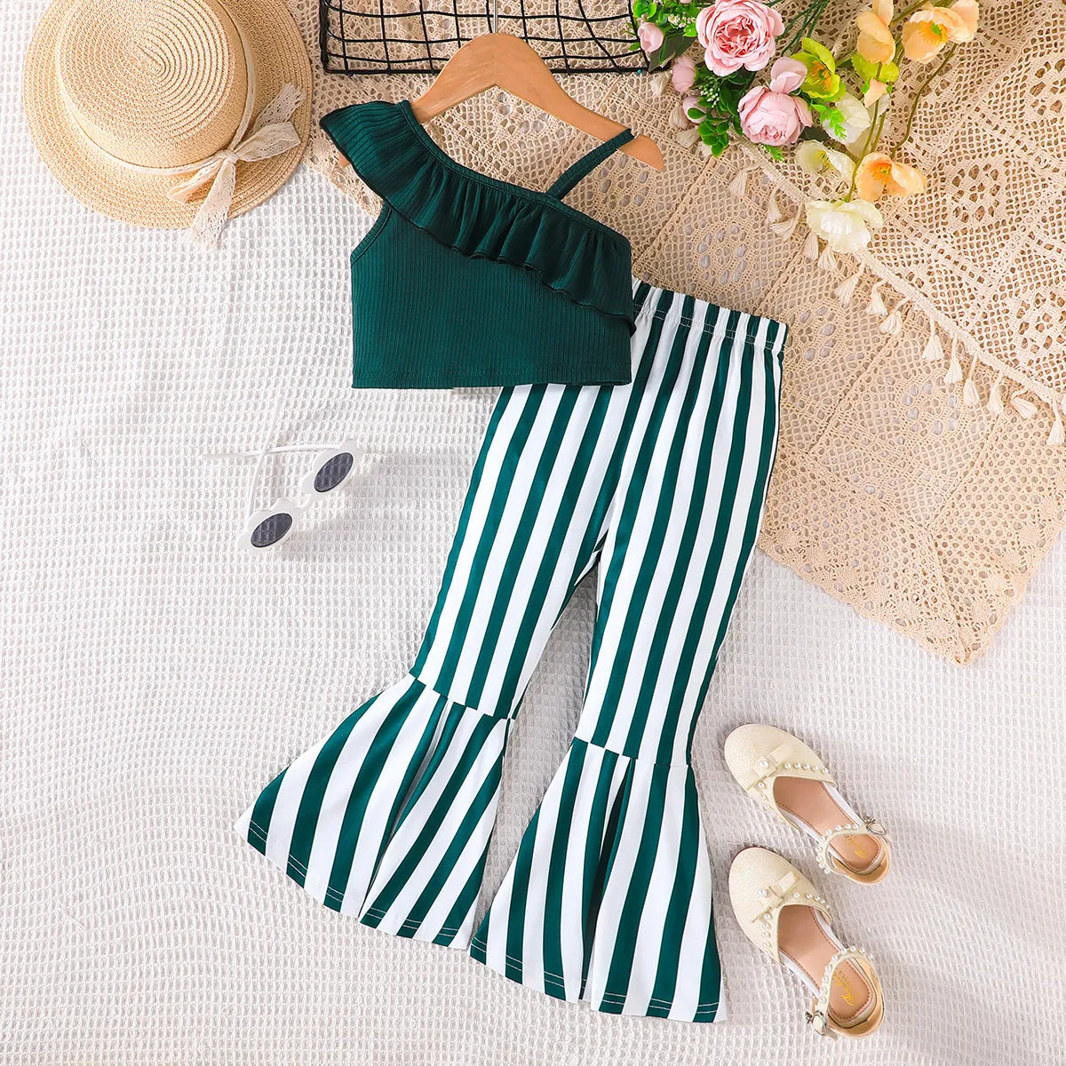 Summer solid color top suspender   striped horn pants fashionable and casual versatile one-piece generation