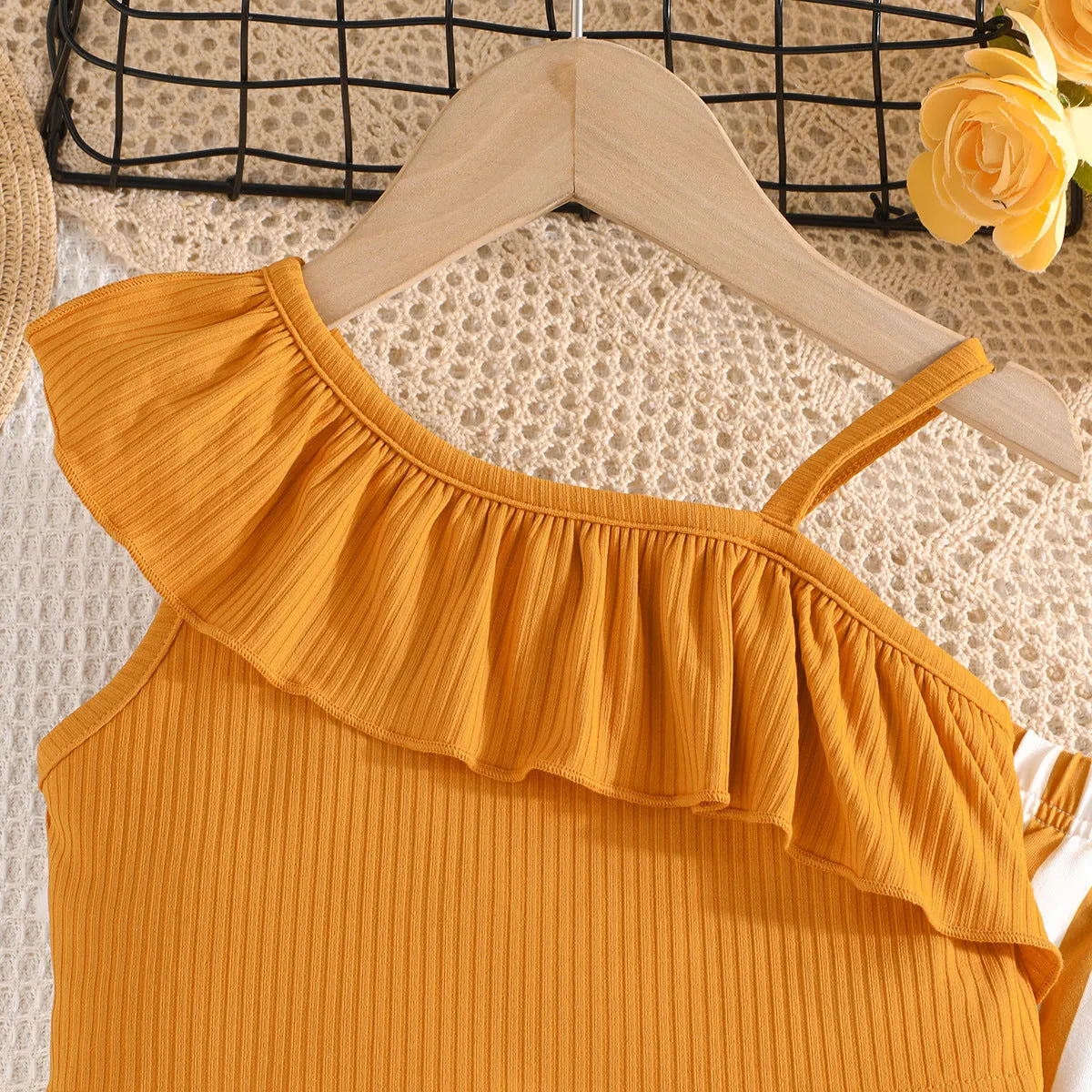 Summer solid color top suspender   striped horn pants fashionable and casual versatile one-piece generation