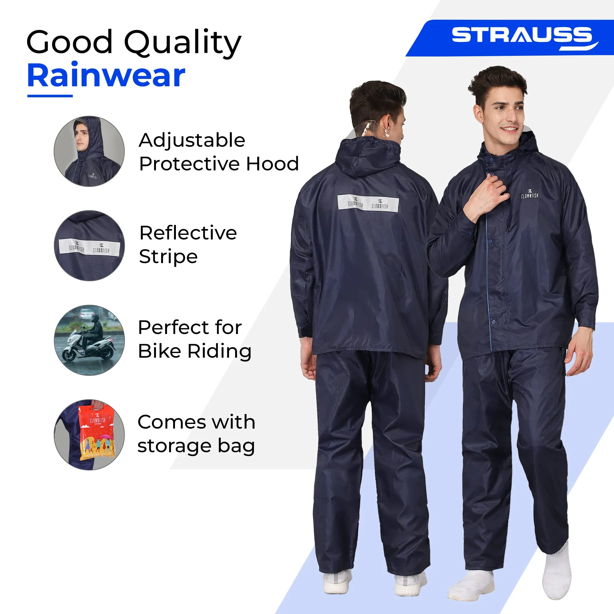 THE CLOWNFISH Rain Coat for Men: Waterproof Reversible Rain Jacket | With Pants | XXL | Opener Blue Pro