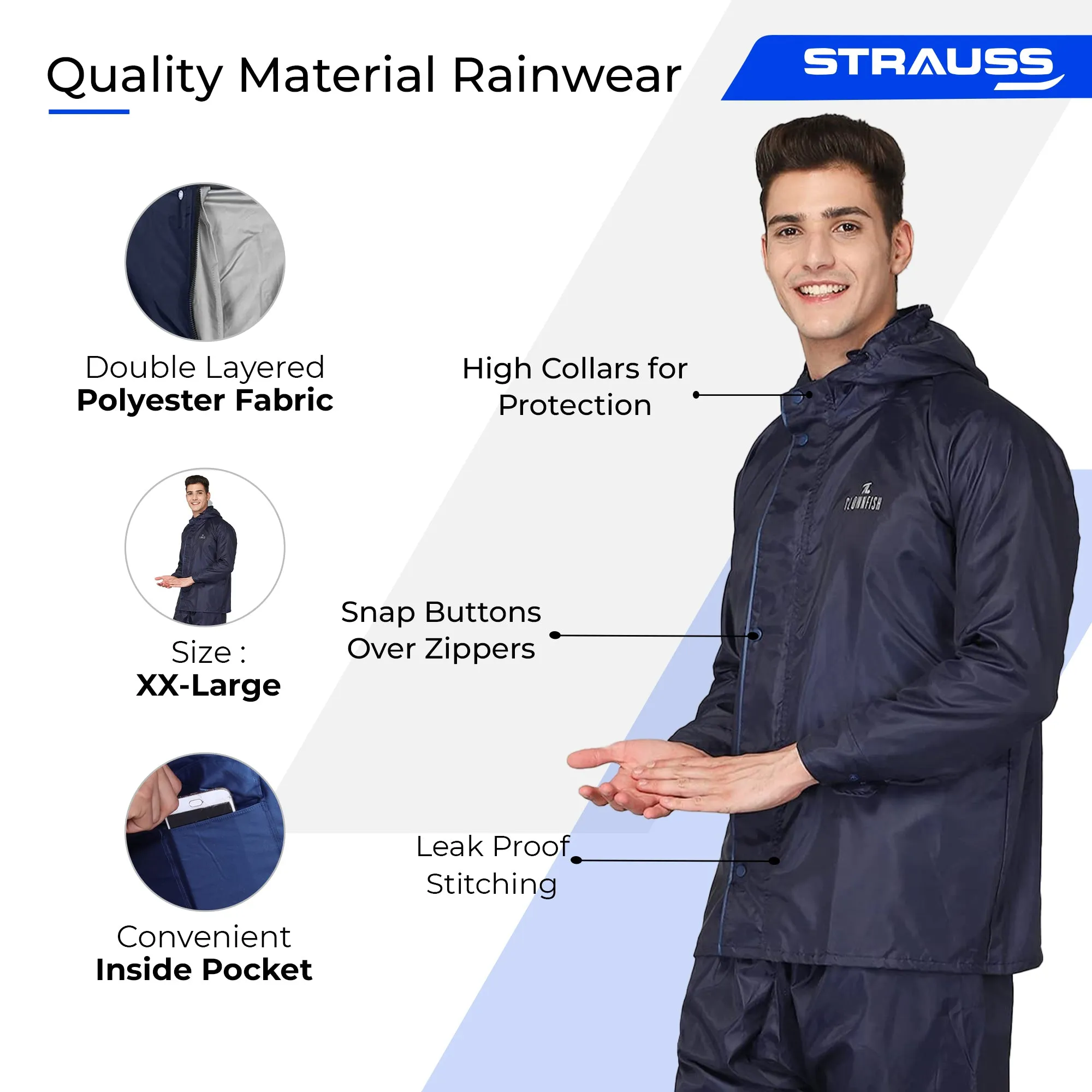THE CLOWNFISH Rain Coat for Men: Waterproof Reversible Rain Jacket | With Pants | XXL | Opener Blue Pro