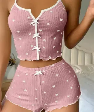 Trendy Heart shaped Print Contrast Color trendy pajamas Set With Suspender Front Slit Home Suit sleepwear