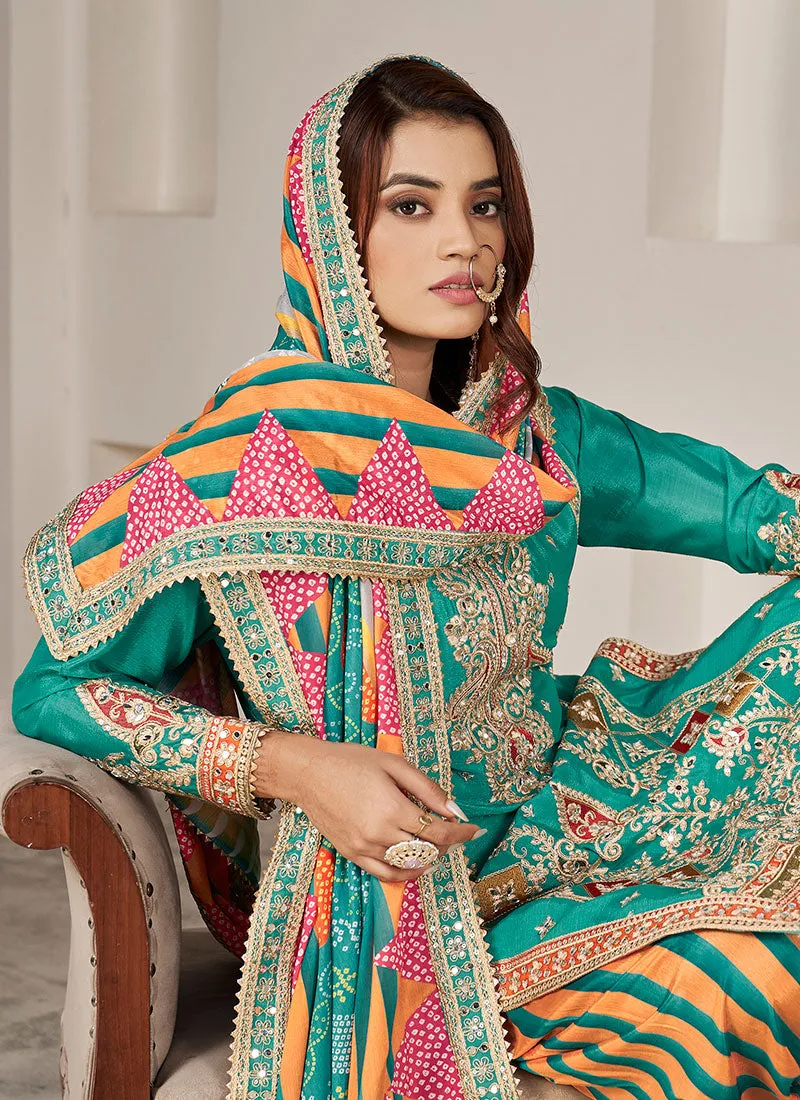 Turquoise Multi Embroidered Kurti And Dhoti Style Pant Suit