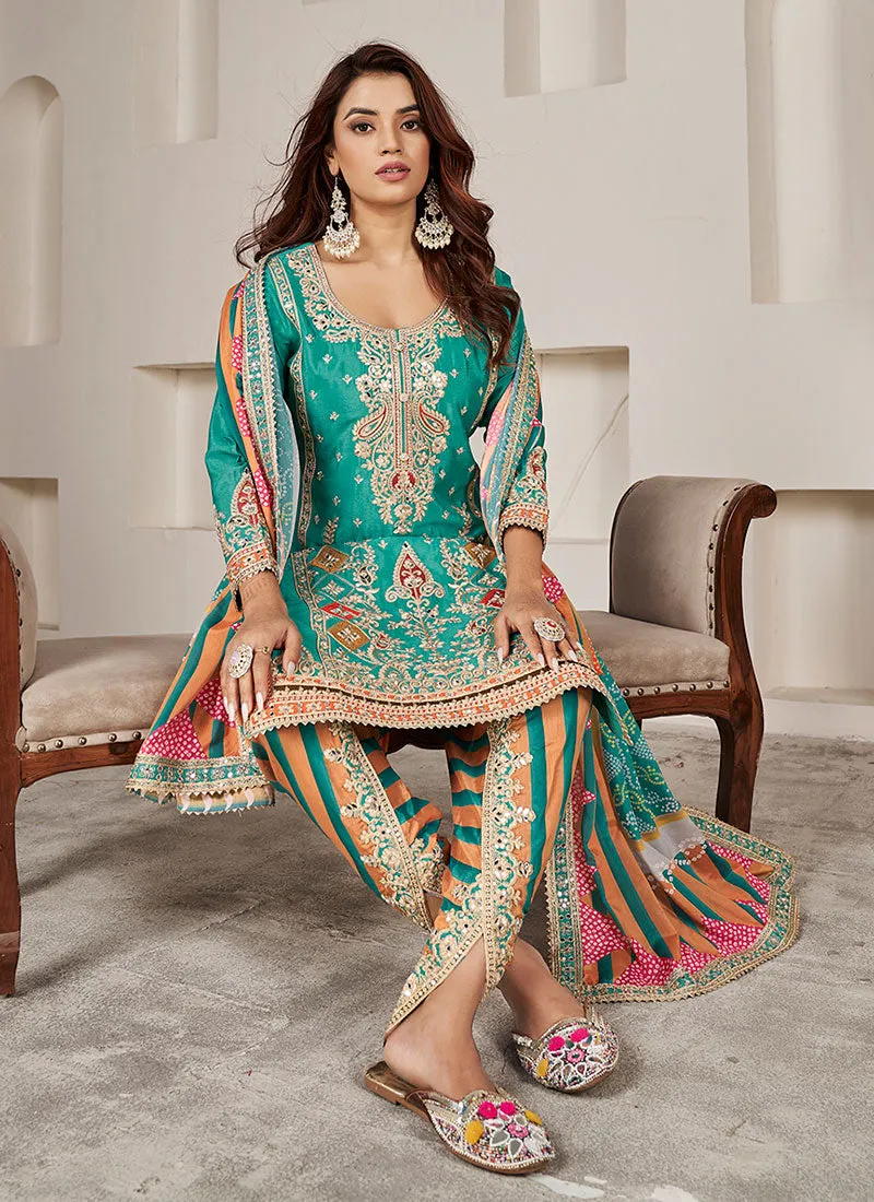 Turquoise Multi Embroidered Kurti And Dhoti Style Pant Suit