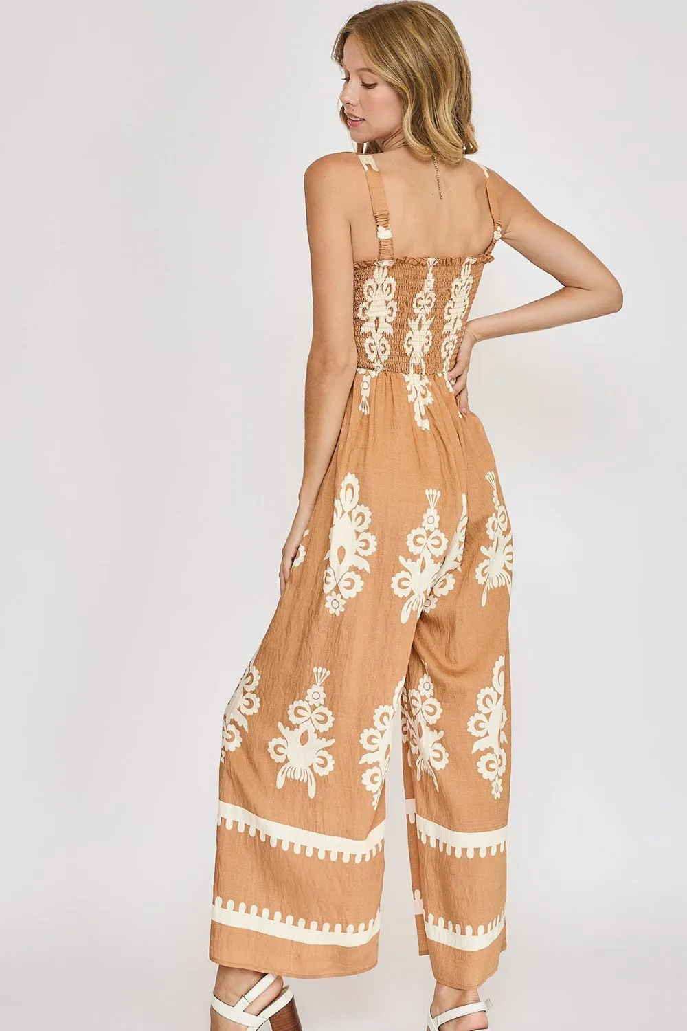Umgee Full Size Smocked Printed Wide Leg Jumpsuit Plus Size