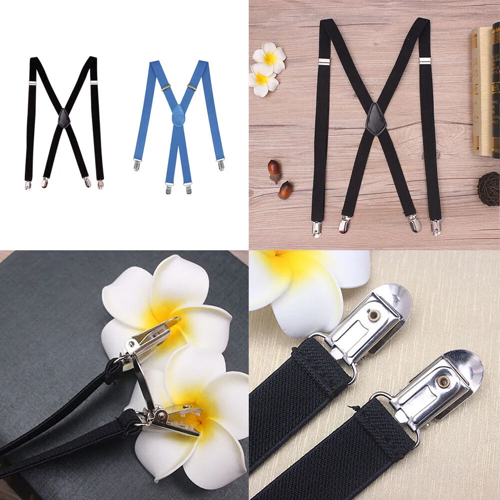 US 2-4 Pack Suspenders X-Back Wide Adjustable Solid Straight Heavy Duty Adults