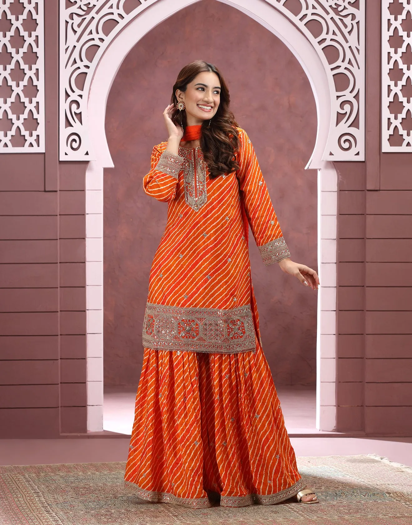 Vibrant Citrus Leheriya Designer Gharara Set