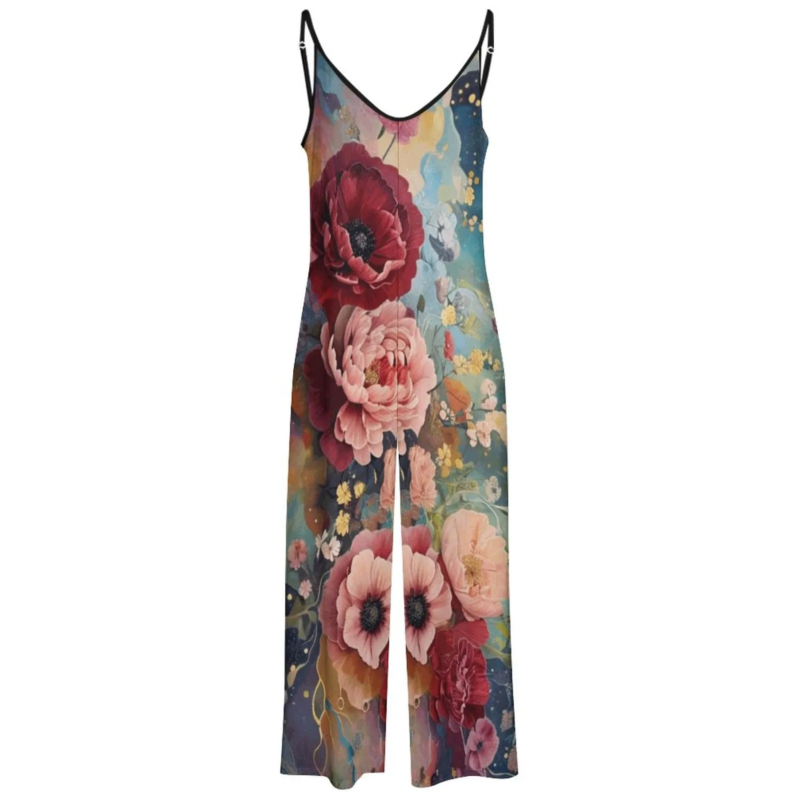 Victorian Roses Suspender Jumpsuit, Loose pantsuit, Relaxed Boho