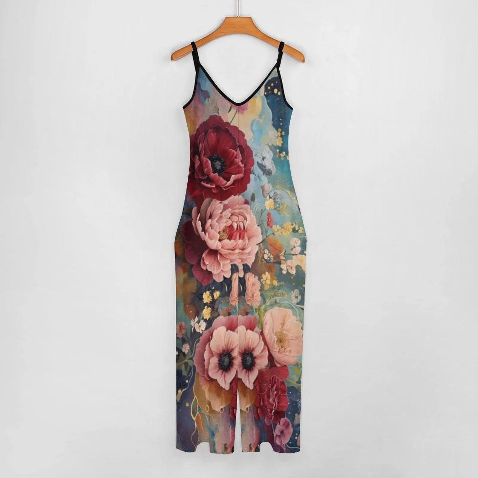 Victorian Roses Suspender Jumpsuit, Loose pantsuit, Relaxed Boho