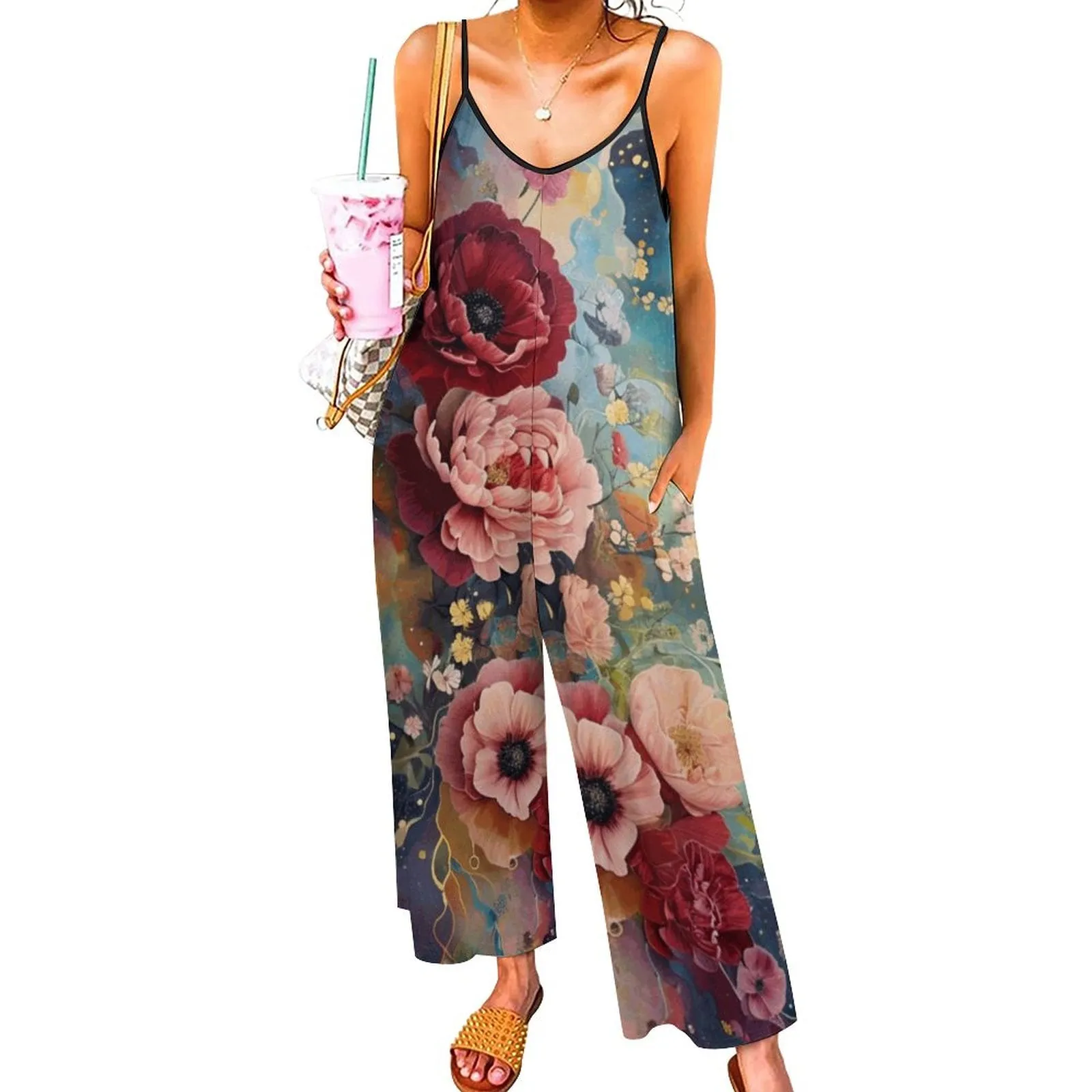 Victorian Roses Suspender Jumpsuit, Loose pantsuit, Relaxed Boho