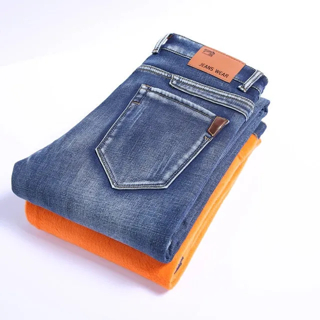 Winter Thermal Warm Flannel Stretch Jeans Mens Winter Quality Famous Brand Fleece Pants Straight Flocking Trousers Denim Jean