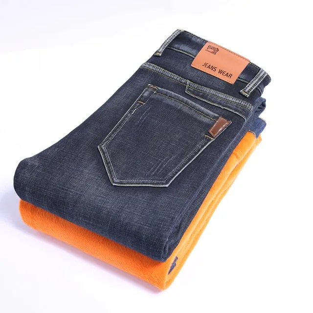 Winter Thermal Warm Flannel Stretch Jeans Mens Winter Quality Famous Brand Fleece Pants Straight Flocking Trousers Denim Jean