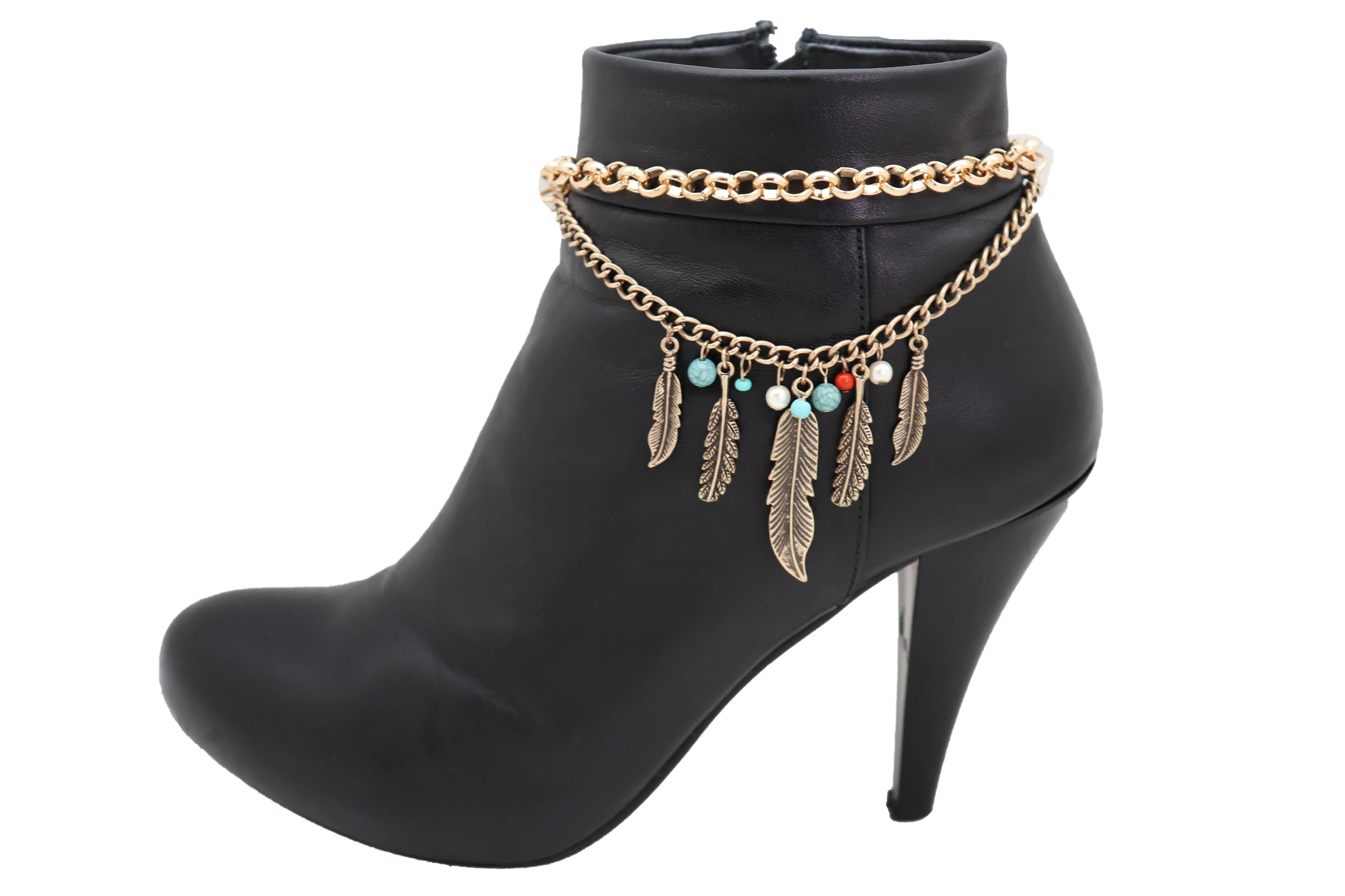 Women Antique Gold Boot Chain Bracelet Western Shoe Charm Ethnic Jewelry Feather Bohemian Style