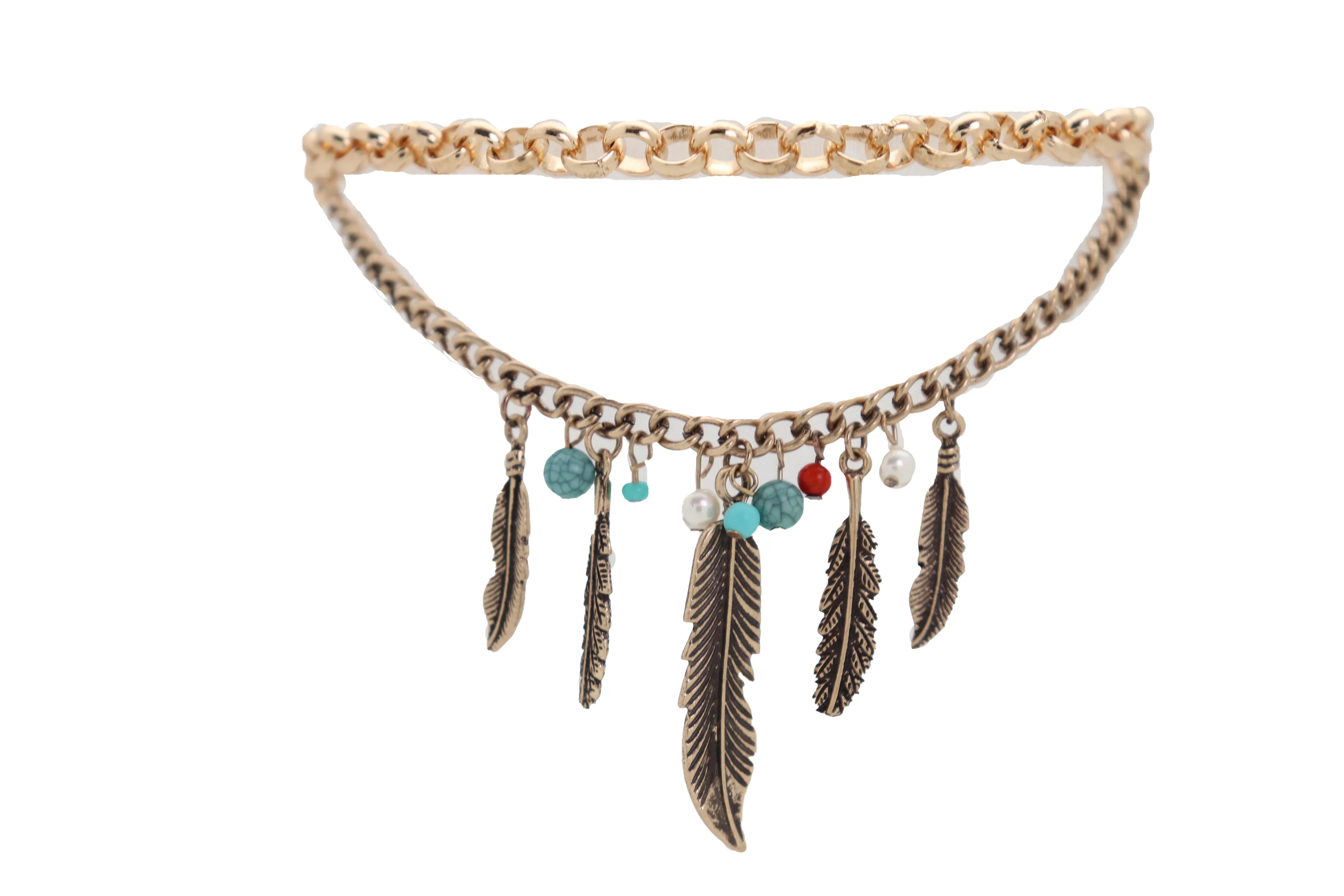 Women Antique Gold Boot Chain Bracelet Western Shoe Charm Ethnic Jewelry Feather Bohemian Style