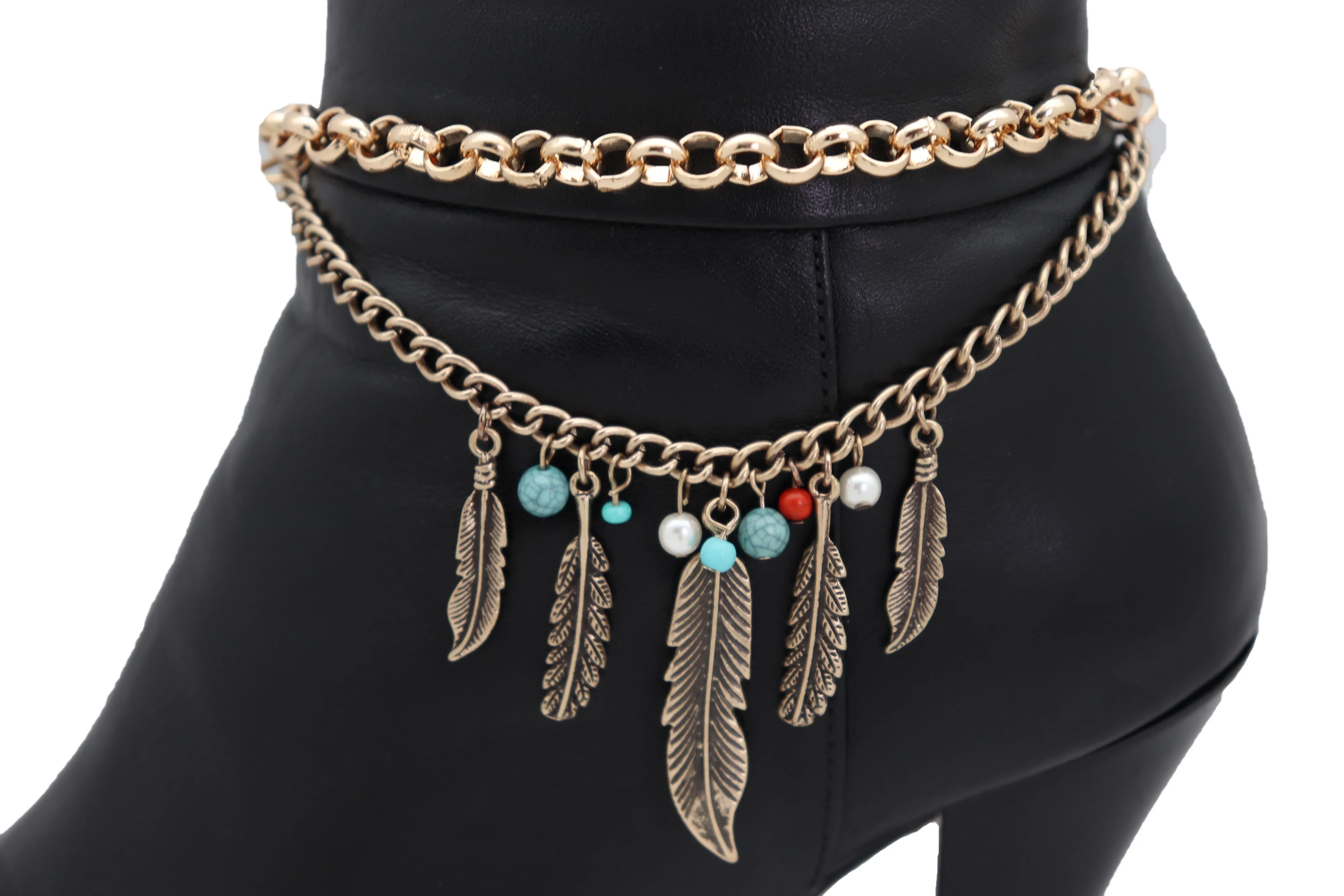 Women Antique Gold Boot Chain Bracelet Western Shoe Charm Ethnic Jewelry Feather Bohemian Style