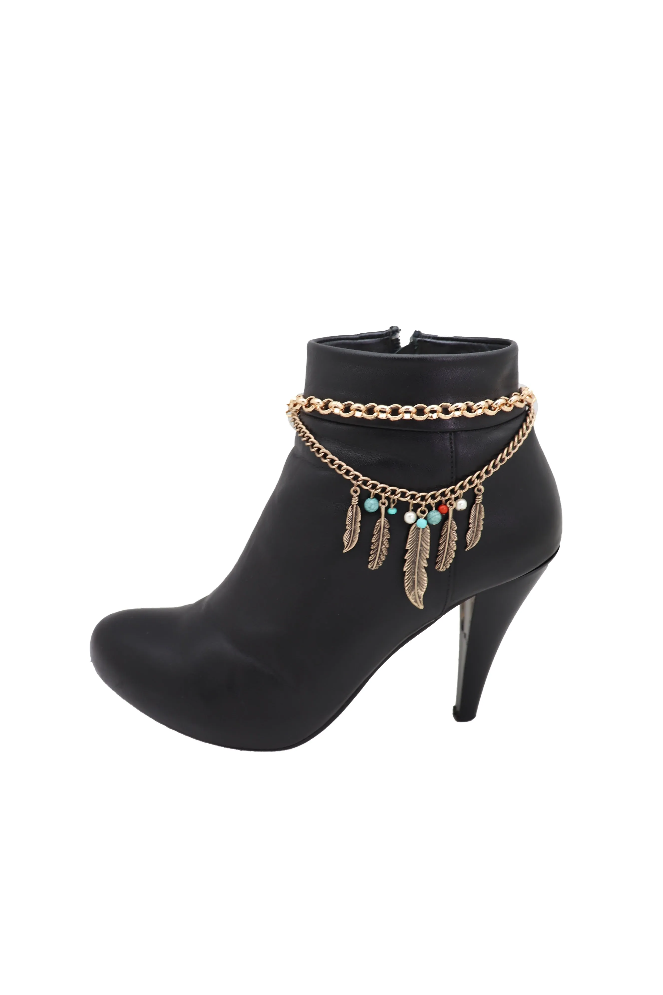 Women Antique Gold Boot Chain Bracelet Western Shoe Charm Ethnic Jewelry Feather Bohemian Style