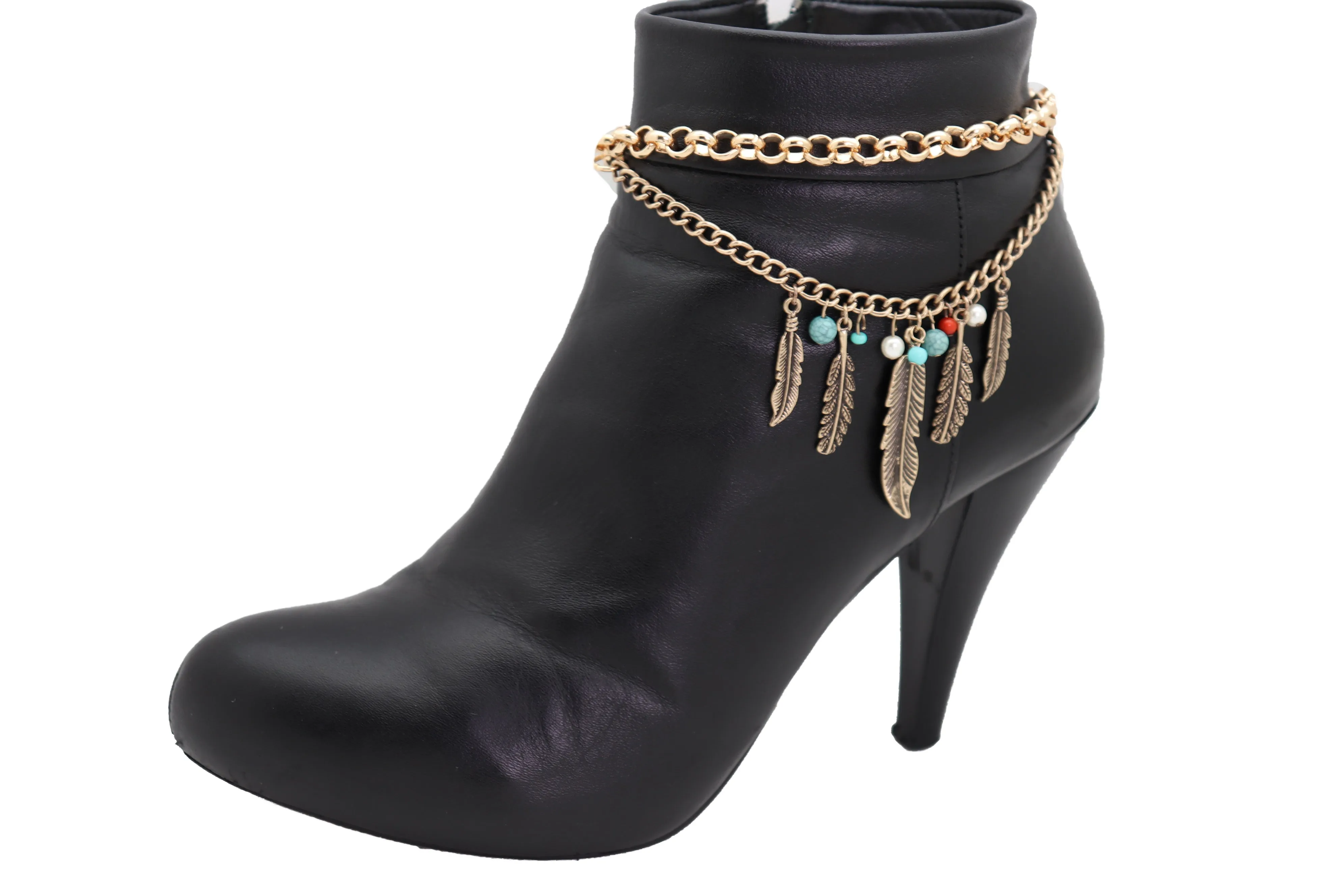 Women Antique Gold Boot Chain Bracelet Western Shoe Charm Ethnic Jewelry Feather Bohemian Style