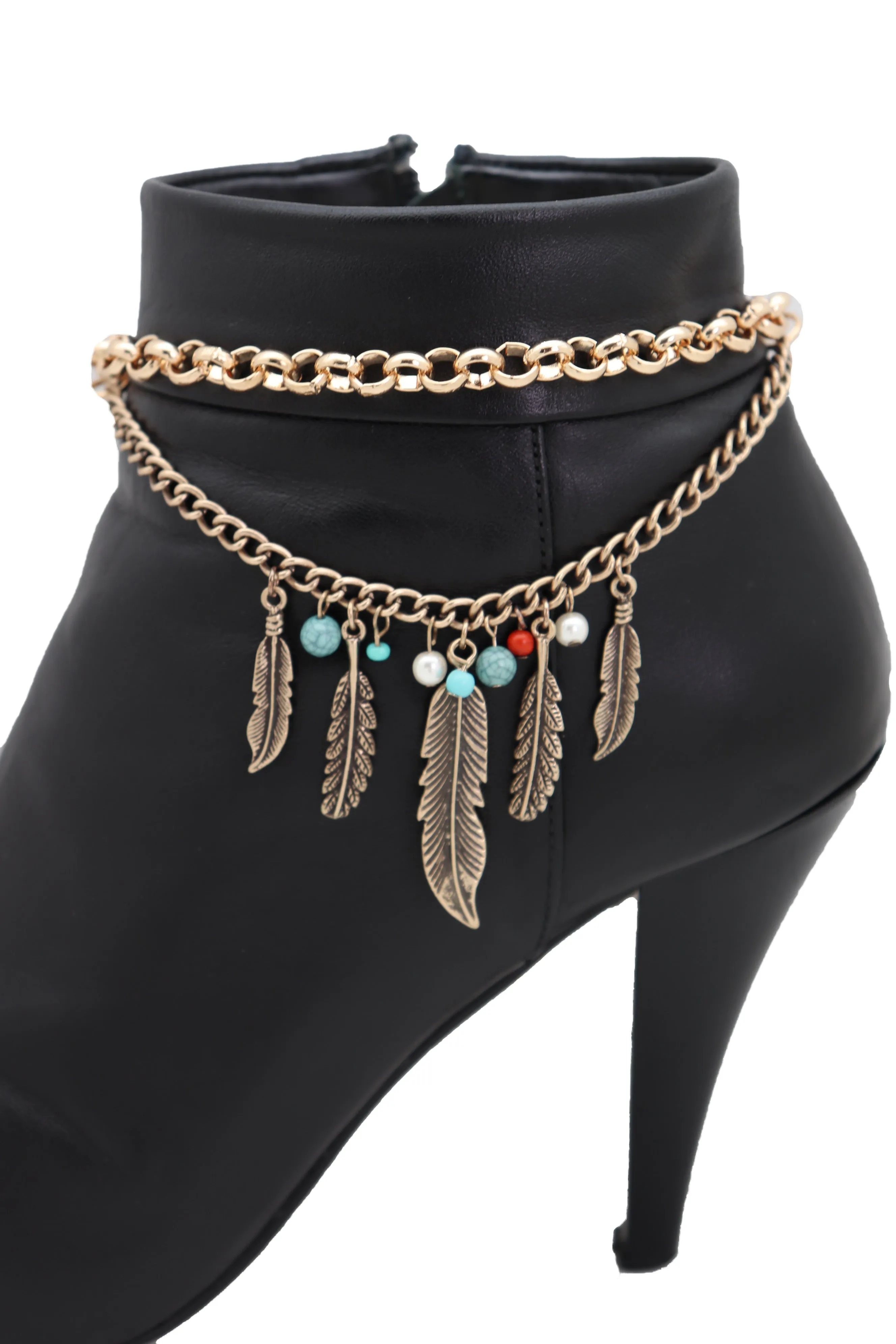 Women Antique Gold Boot Chain Bracelet Western Shoe Charm Ethnic Jewelry Feather Bohemian Style