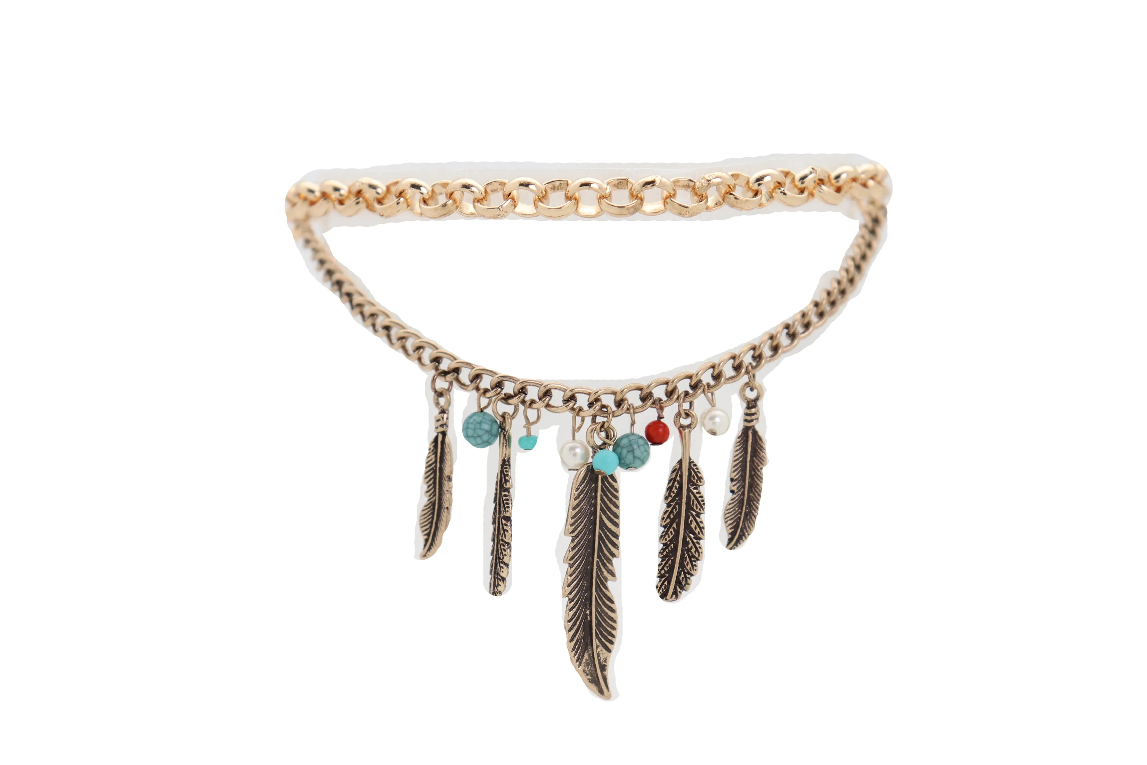 Women Antique Gold Boot Chain Bracelet Western Shoe Charm Ethnic Jewelry Feather Bohemian Style