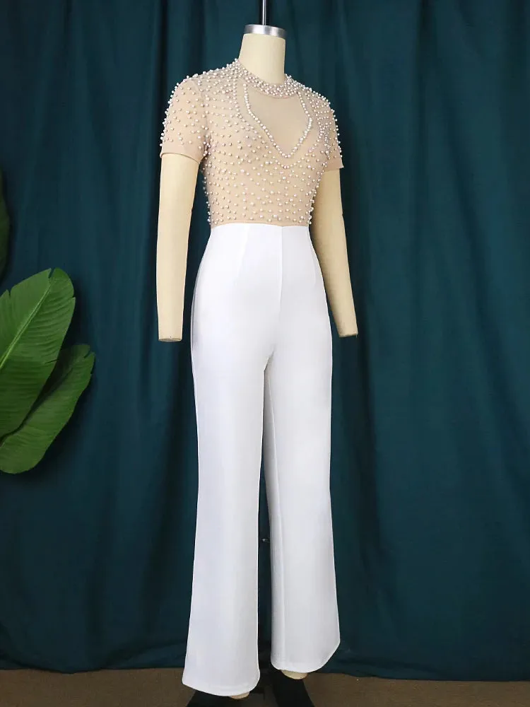 Women Jumpsuit - See Through Top Beaded Half High Collar Short Sleeve High Waist Wide Leg