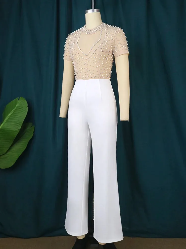 Women Jumpsuit - See Through Top Beaded Half High Collar Short Sleeve High Waist Wide Leg
