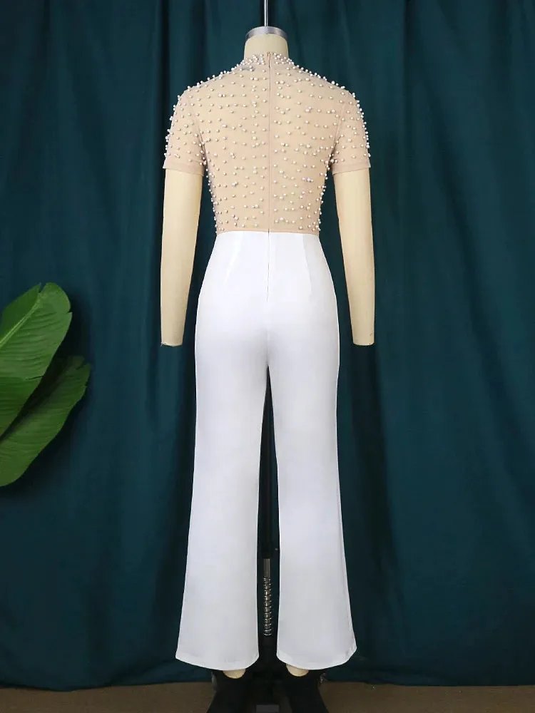 Women Jumpsuit - See Through Top Beaded Half High Collar Short Sleeve High Waist Wide Leg