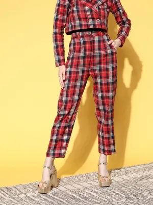 Women Red Flannel Check Tapered Pants