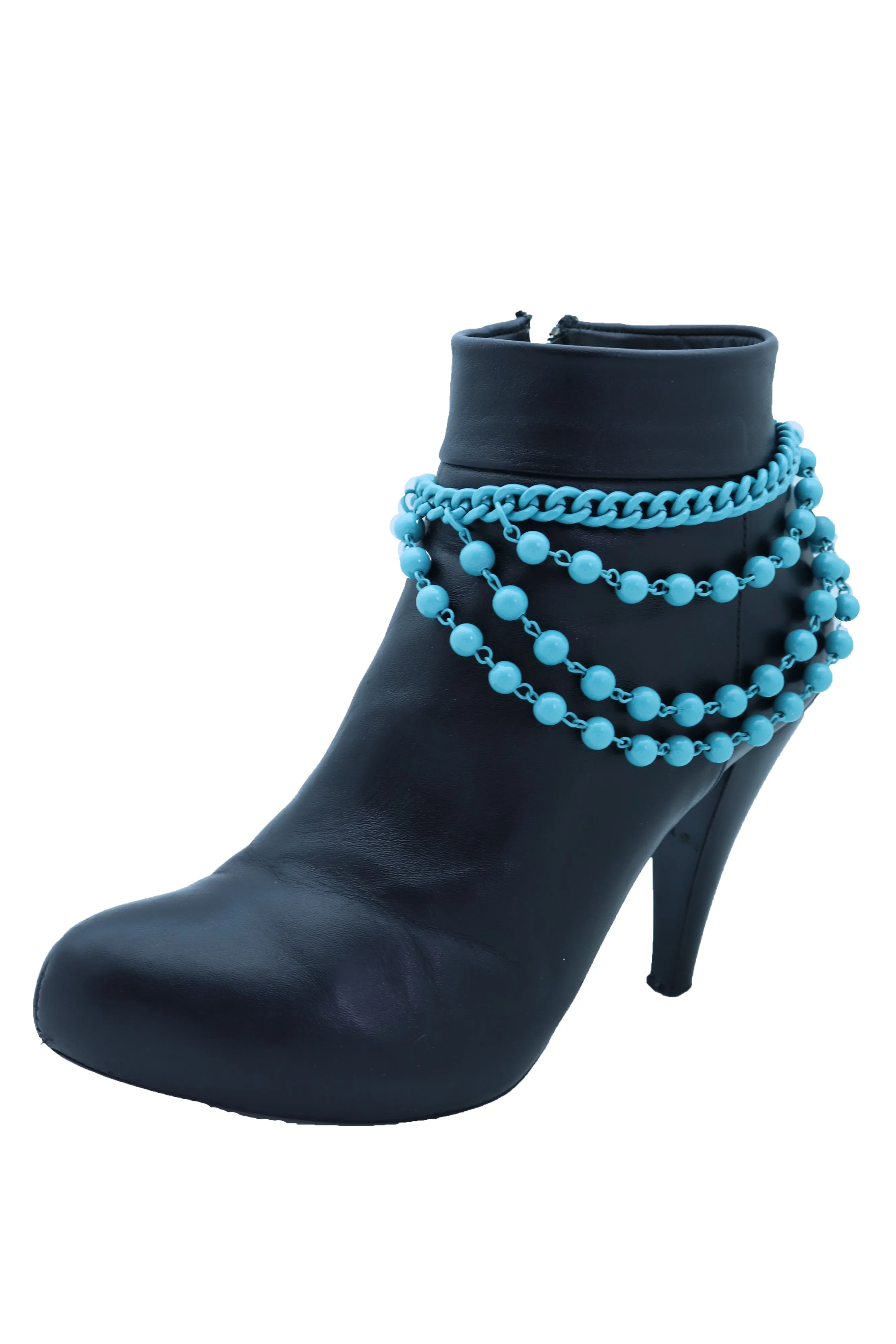 Women Turquoise Light Blue Metal Chain Boot Bracelet Anklet Shoe Balls Charm Jewelry