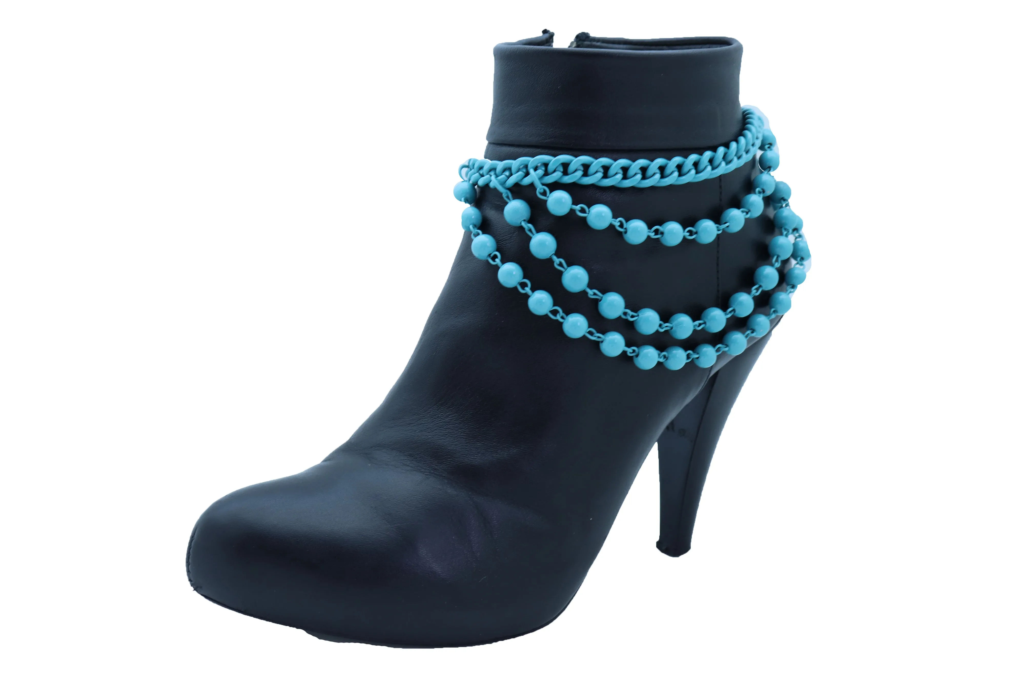 Women Turquoise Light Blue Metal Chain Boot Bracelet Anklet Shoe Balls Charm Jewelry