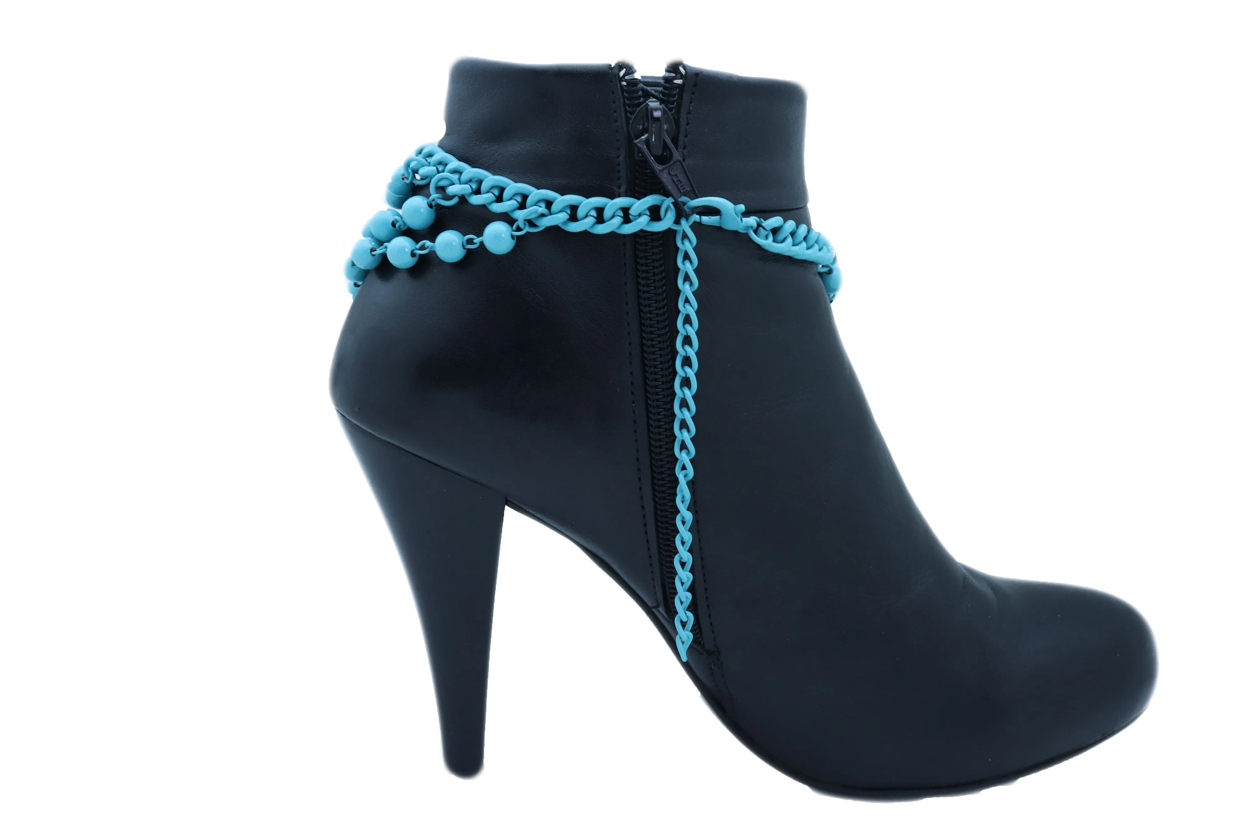 Women Turquoise Light Blue Metal Chain Boot Bracelet Anklet Shoe Balls Charm Jewelry
