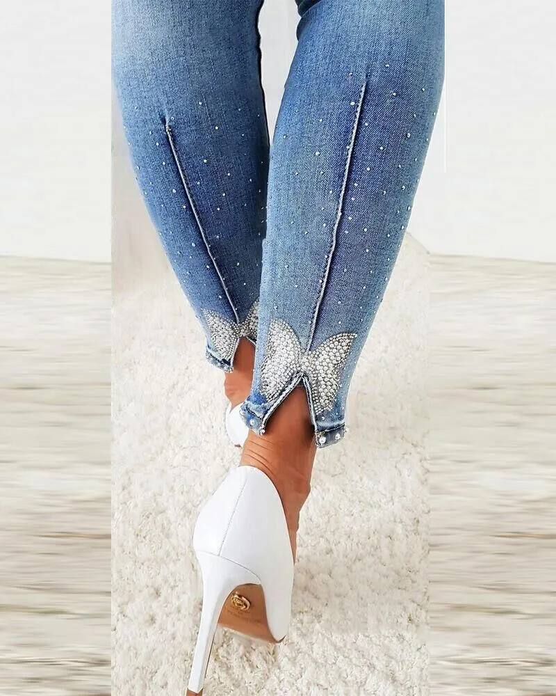 Women's Jeans Trendy High Waist Beaded Skinny Tappered Pants