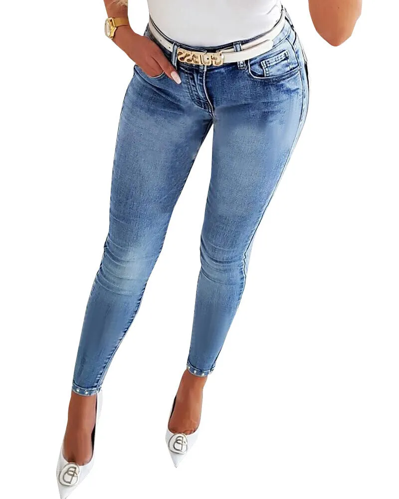 Women's Jeans Trendy High Waist Beaded Skinny Tappered Pants